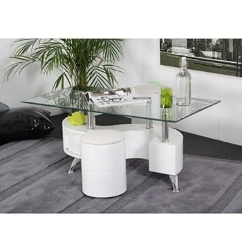 Surf Table Basse Blanc + 2 Poufs Assortis - Couleur : Blanc