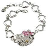 Sparkling Kitty Crystal Embellished Charm with Pink Hearts Bow Bracelet