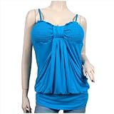 Sexy Blue Ruched Smocked Bodice Adjustable Strap Camisole Plus Size Top