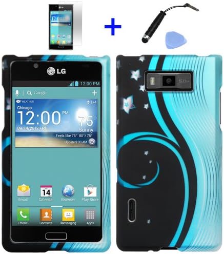 4 items Combo: ITUFFY(TM) Stylus Pen + Screen Protector Film + Case Opener + Blue Aurora Wave Black Night Snow White Flower Vine Design Rubberized Snap on Hard Shell Cover Faceplate Skin Phone Case for LG Splendor US730 / Venice S730 / LG OPTIMUS SHOWTIME L86C L86G (Boost Mobile, U.S.Cellular, Net 10, Straighttalk)