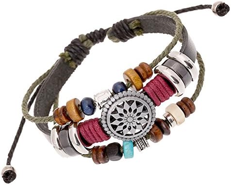 Leather Bracelet, Unique Metal Flower Bead Strings Wrap Bracelet Wristband for Girls Womens