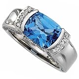14K White Gold Cushion Blue Topaz Diamond Ring