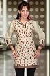 Cream with a hint of green Art Silk Kurti from India with all over embroidery