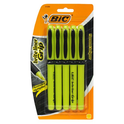 BIC Brite Liner Grip Highlighter - Yellow, Six - 5 Count Packs (30 Highlighters) (Pack of 2)