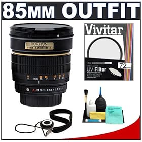 Rokinon 85mm f/1.4 Aspherical Lens + UV Filter + Accessory Kit for Canon EOS 40D 50D Rebel T1i XT XTi XS XSi Digital SLR Cameras