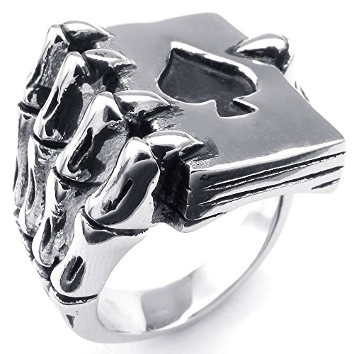 KONOV Mens Stainless Steel Ring, Gothic Skull Hand Claw Poker Playing Card, Black Silver