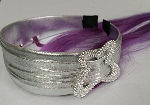 Headband with 14" Human Hair Extensions (Wide, Silver Headband with Butterfly w Purple Extension)
