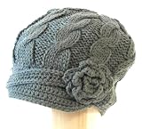 Super soft and cute Hand knitted Cab Driver Newsboy hat with 1 inch short soft visor with side flower embellishment