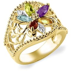 18k Gold Overlay Sterling Silver Multi-Gemstone Floral Ring
