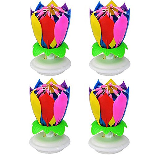 Mallofusa 4x Lotus Happy Birthday Music Spin Rainbow Candle with 14 Small Candles in Two Layer