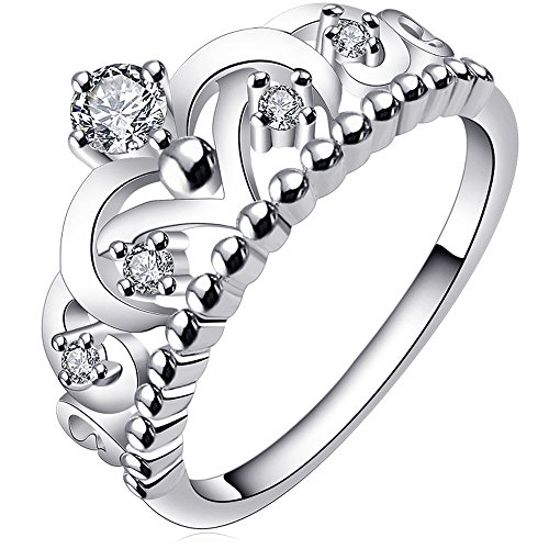 BOHG Jewelry Womens 925 Sterling Silver Plated Cubic Zirconia CZ Princess Crown Tiara Ring Wedding Band Size 4