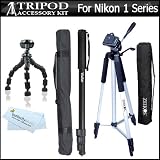 Triple Tripod Accessory Bundle Kit For Nikon 1 J1, Nikon 1 V1 Mirrorles Digital Camera Includes 57 Inch Pro Tripod w/ Case + 67 Inch Monopod w/ Case + 7″” Gripster Flexible Tripod + MicroFiber Cleaning Cloth