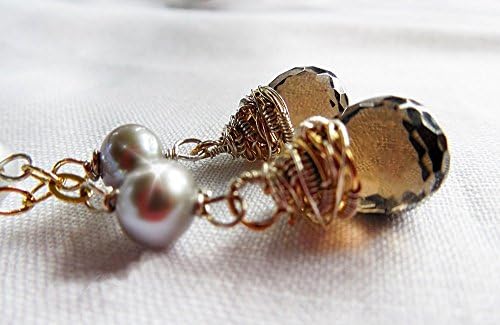 Long Dangle Stud Earring Smoky Quartz Wrapped Earrings Gray Freshwater Pearl Gold Filled Chain Earrings