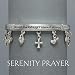 Womens Bracelet Silver Tone, Serenity Prayer with Dangle Heart, Cross Charms, Stretchable