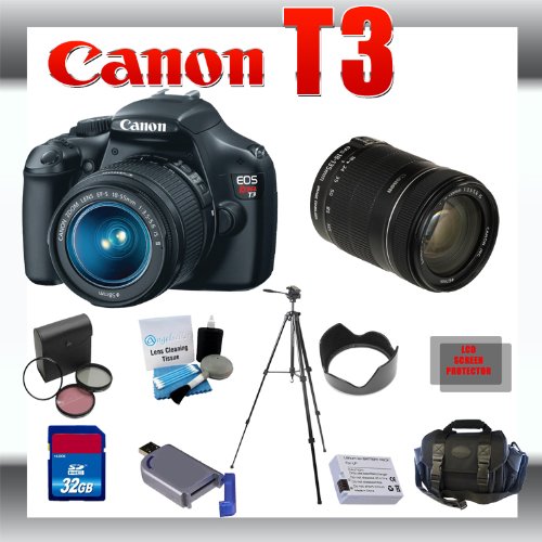 canon eos rebel t3 eos 1100d 12.2mp digital camera with canon 18-55mm and 18-135mm lens for canon digital slr cameras + wide angle lens with macro extension + telephoto digital conversion lens + 32gb memory card + sd memory card reader + 1 li-ion replacement battery pack + deluxe cleaning kit + carrying case + tripod + lcd protectors + cleaning cloth deluxe kit + 3 piece lens filter kit