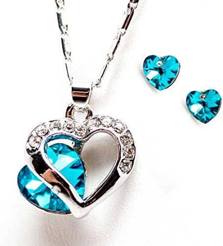 Mother's Day Necklace &amp; Earring Set - DeNae - Beautiful Mother Child Hearts Pendant Necklace - Gold-Plated Zinc Alloy (Turquoise on White-Gold)