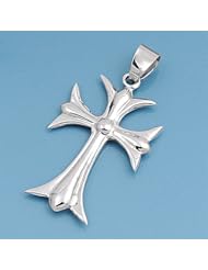 Sterling Silver Fleur De Lis Cross Charm Fancy Italian Christian Charm 925 39mm with 2mm Rope Chain