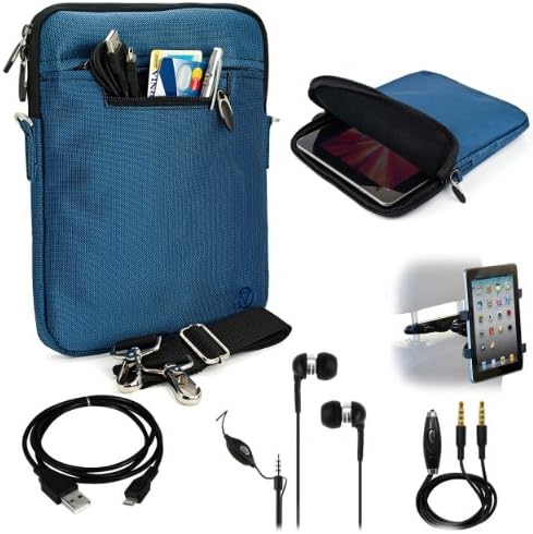 BLUE Mighty Nylon Jacket Slim Compact Protective Sleeve Shoulder Bag Case with accessories compartment Sony SGPT111US/S Wi-Fi Tablet (16GB) and Sony SGPT112US/S Wi-Fi Tablet (32GB) + Includes a eBigValue (TM) Determination Hand Strap + Includes a Black Micro USB Data Sync Cable + Auxilary Cable ( AUX Connectivity ) + Adjustable HeadRest Car Mount Kit + High Quality Noice Reducer MP3 Handsfree Earbuds Earphones with Mic