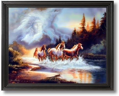 Fashion FreeZone Horse Runs In Lake With Indian Spirit Picture Black Framed Art Print