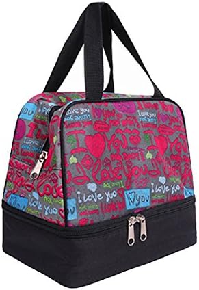 Bot Colorful Portable Double Layer Thermal Insulation Lunch Tote Lunch Bag Pinic Bag Zipper Organizer Box (English Flower)