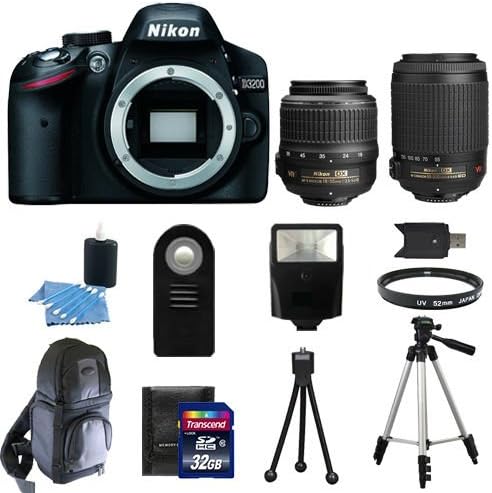 Nikon D3200 Digital SLR Camera +18-55mm VR + 55-200 mm VR + 50-Inch Photo/Video Tripod + Transcend 32GB &amp; More