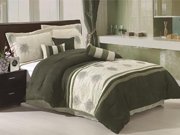 High Quality Soft Micro Suede with Embroidery Patch Work Comforter Set Bedding-in-a-bag Olive Green - King