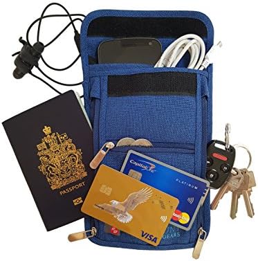 Travel passport wallet neck pouch with RFID safe blocking 600D Nylon (Blue)