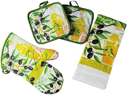 Kitchen Linens Collection Top Quality Quilted Cotton Pot Holder and Oven Mitt Set With Bonus Kitchen Towel, Assorted Kitchen Themes and Colors, 4 Piece Set (Olive - Green Yellow)