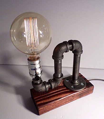 Industrial Steampunk table pipe lamp with Globe Edison bulb and Red Mahogany wood base