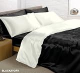 Viceroybedding 6pc Satin Duvet Cover Bed Set, Double, Reversible Black/ Cream