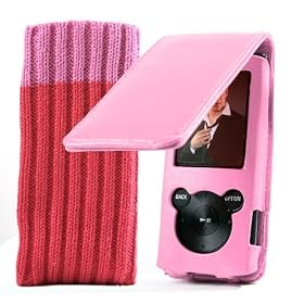 EASYi - Pink PU Leather Flip Case & Sock for Sony Walkman E Series 2011/12 Model 4GB 8GB (NWZ-E464B.CEW, NWZ-E464R.CEW, NWZ-E464P.CEW, NWZ-E464G.CEW, NWZ-E464L.CEW, NWZ-E463B.CEW, NWZ-E463R.CEW, NWZ-E463P.CEW, NWZ-E463G.CEW, NWZ-E463L.CEW)