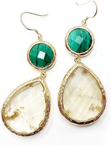 Gem Stone Bronze Earrings (malachite-lemon quartz)