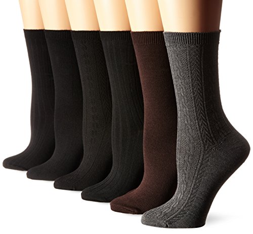 Nine West Women's Cable Ribbed Basic Crew Socks 6-Pack, Black, 9-11