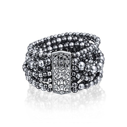Bling Jewelry Stretch Simulated Black Pearl Bracelet Rhodium Plated