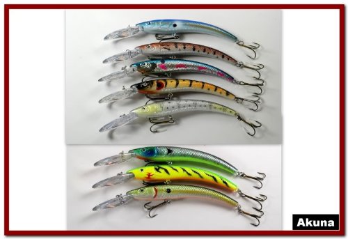 Lot of 8 New Akuna 5.9" Deep Diving Crankbait Fishing Lures for Pike & Bass & Salmon - A