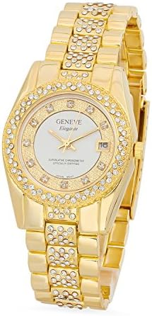 Gold Plated Geneve Elegante White/Gold Dial Watch w/CZ Bezel & CZ Band