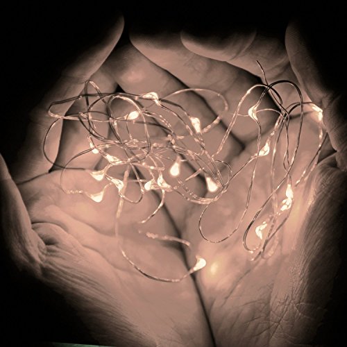 Top-Longer Micro LED 20 Super Bright Color Lights Battery Operated on 6 Foot Silver Color Ultra Thin String Wire 2 Sets Warm White