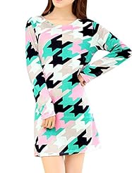 Cotton/Polyester/Knit Round Neck Long Sleeves Shift Houndstooth Print  Dress