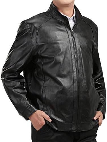 Xinyian Men's Sheepskin Leather Stand-Collar Zipper Dust Coat Jacket Black 2XL