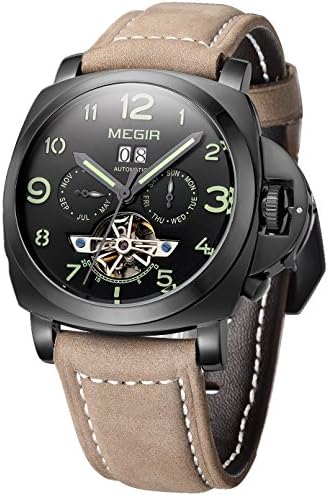 Megir Mens Chronograph Skeleton Black Dial Automatic Wrist Watch with Brown Leather Strap