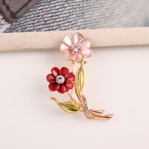 Kitty-Party Antique Style Brooches Vintage Brass Plated Red Pink Flower Branch Leaves Brooches Pin Clip