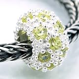 .925 Sterling Silver " Textured Rondelle w/ Lt Yellow Green Cubic Zirconia " Charm Bead Compatible with Pandora Chamilia Kay Troll Bracelet