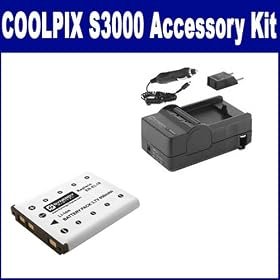 Nikon Coolpix S3000 Digital Camera Accessory Kit includes: SDENEL10 Battery, SDM-165 Charger