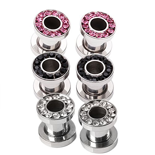 PiercingJ 6pcs Punk Rhinestone Crystal Screw Tunnels Ear Expander Stretch Plugs Piercing Gauge 2g