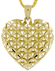 14k Solid Gold Diamond Cut Puffed Heart Charm Pendant