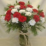Two Dozen White and Red Carnations, Arranged with Fillers and Christmas Greens