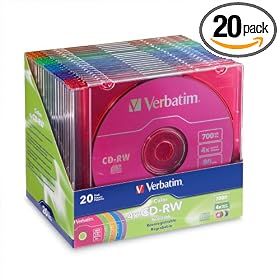 Verbatim 20PK CD-RW 80MIN 700MB 2X-4X Datalife+ Colorpk Brand with slim Case