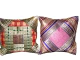 Cushion Cover-2 Red Blue Ethnic Vintage Sari Zari Borders Toss Pillow Covers