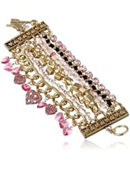 Betsey Johnson "Iconic Pinkalicious" Crystal Heart Charm Multi-Row Toggle Bracelet, 7.5"