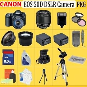 Canon EOS 50D 15.1MP SLR Digital Camera (Includes manufacturer's supplied accessories) with 28-80mm Lens + HUGE ACCESSORIES PACKAGE INCLUDING WIDE ANGLE MACRO LENS + 2X TELEPHOTO + 3 PC FILTER KIT + 8GB SDHC MEMORY CARD + 2x EXTENDED LIFE BATTERIES + 2 CARRYING CASES + TRIPOD + MONOPOD & MUCH MORE !!